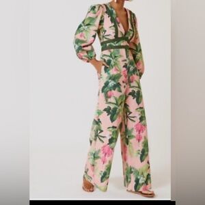 Farm Rio x Anthropologie XS NWT Deep-V Wide Leg Jumpsuit Tropical Floral Pink